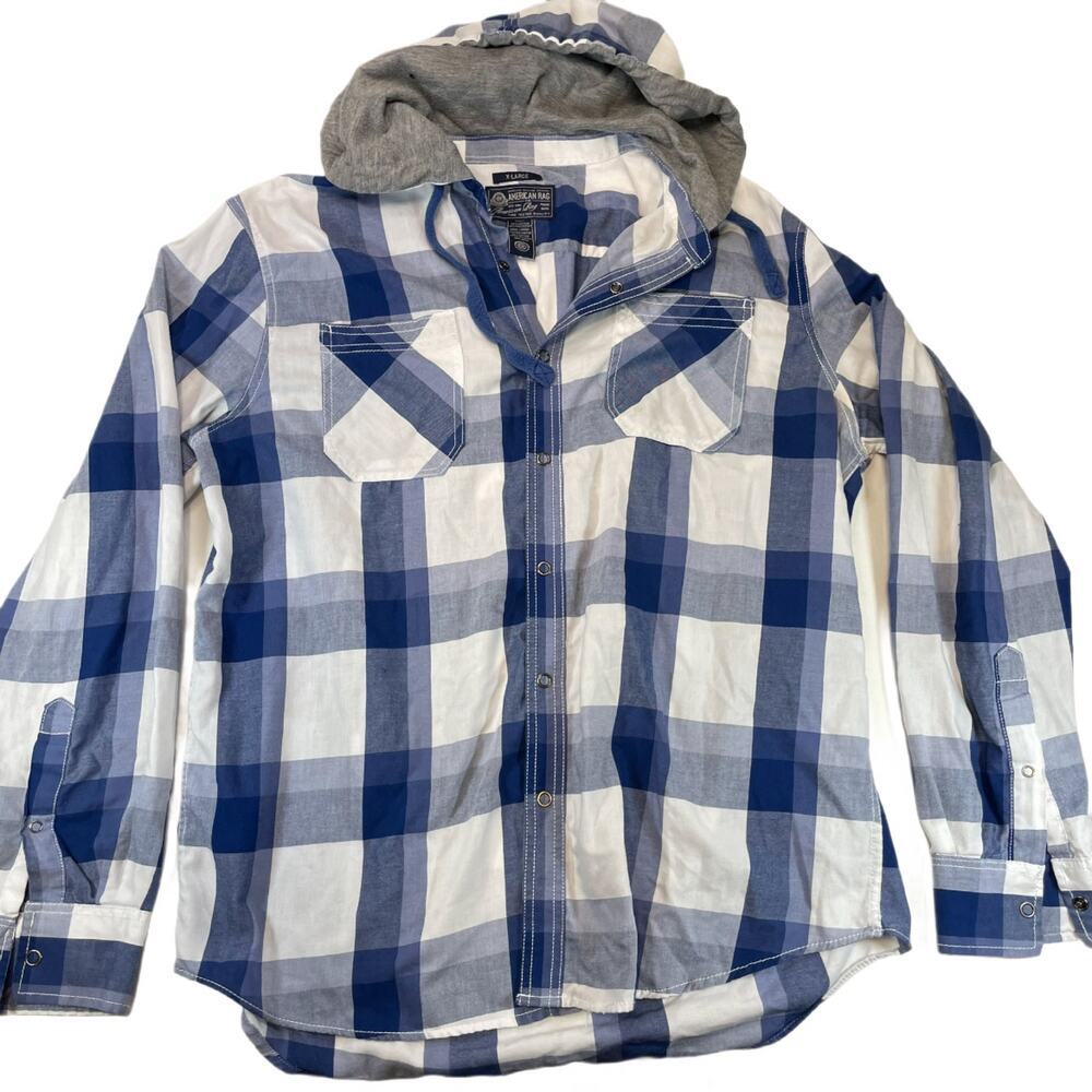 American Rag Men's Blue White Plaid Flannel Hooded Shirt Jacket XL Shacket